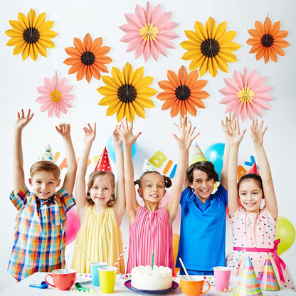 PAPER JAZZ Paper Flowers with Paper Fan Boho Hanging Decor Artificial Flowers Decorations for Wall Pink and Orange Party Decorations for Classroom, Beach Party, Summer Birthday Party Pack of 11.
