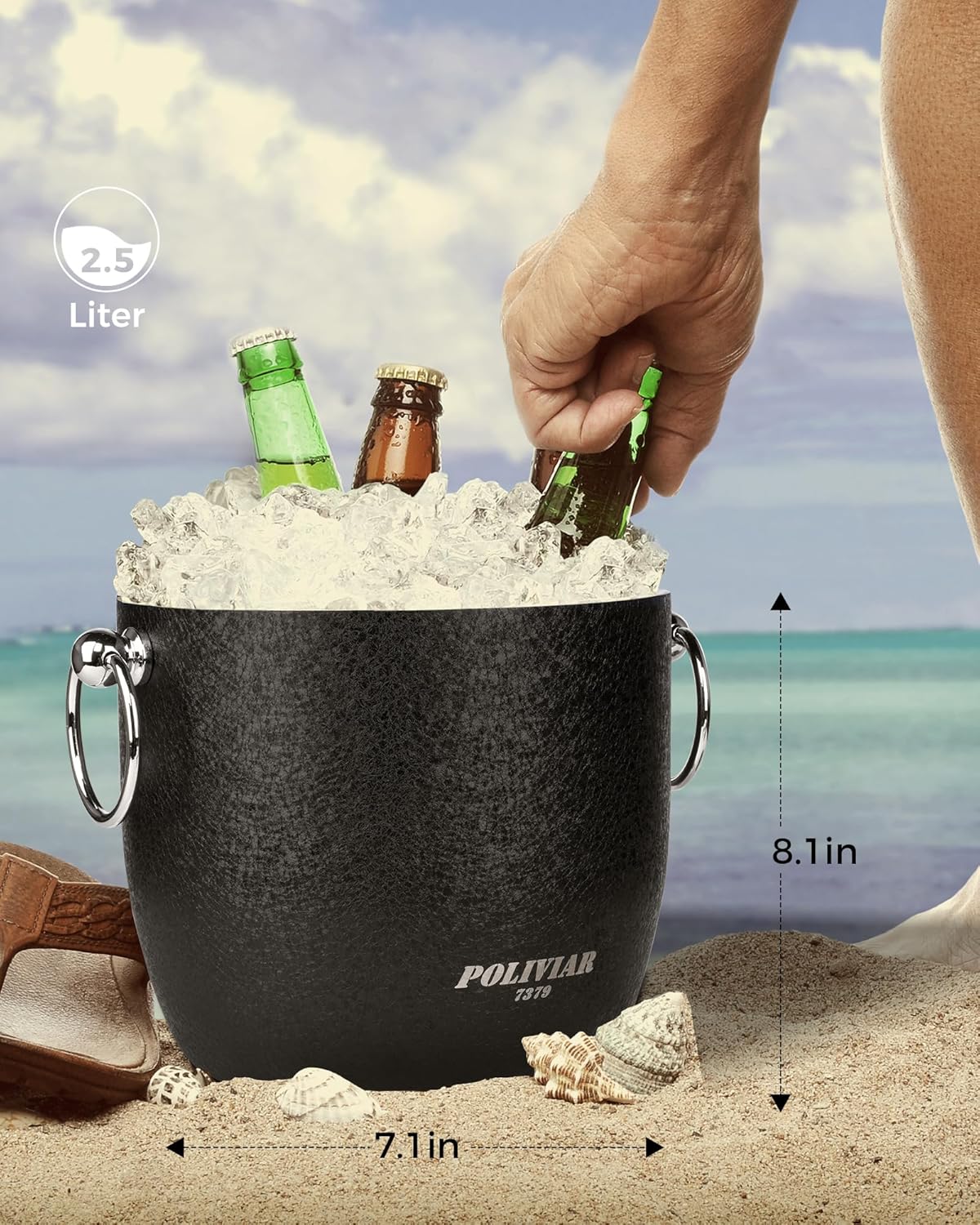 POLIVIAR Ice Bucket, 2.5L Double Wall Ice Bucket with Lid, Stainless Steel Ice Bucket with Tong & Strainer, Ice Bucket for Cocktail Bar, Home & Parties, JX2023-IBLU