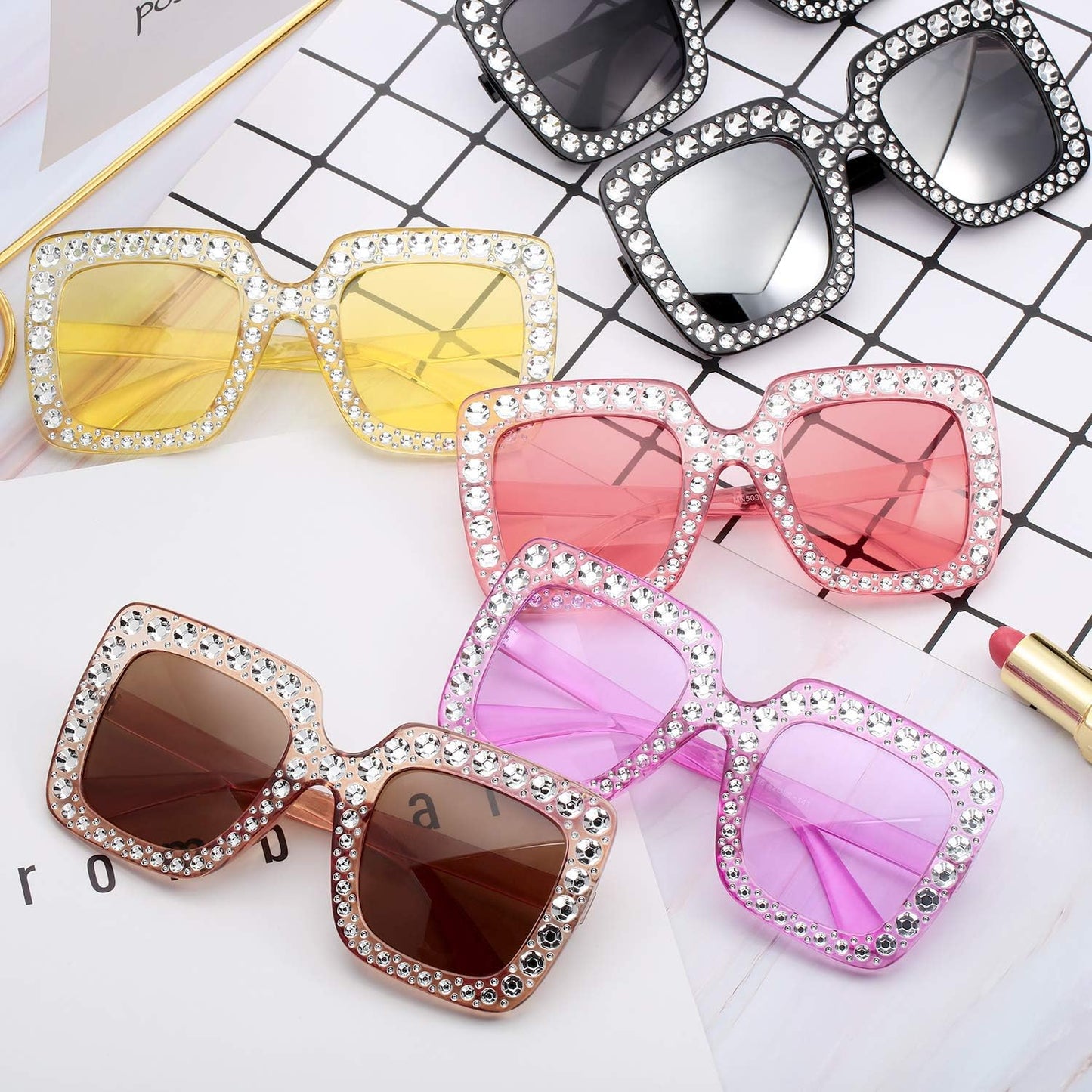 Frienda 6 Pairs Rhinestone Oversized Square Sunglasses 70s Women Dazzled Sunglasses for Disco Party Concert Photo Props