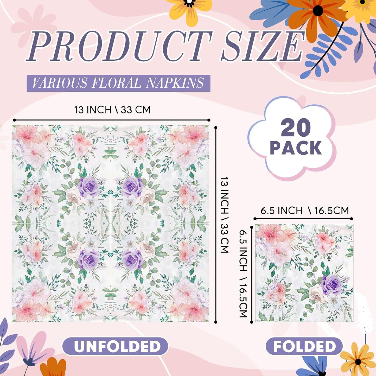Crtiin 20 Pack Decoupage Napkins Floral Napkins Flower Cocktail Paper Decorative Toilet for Valentine's Day Birthday Party Beautiful Gorgeous, 20 Styles Each 6.5 Inches(Style 1)