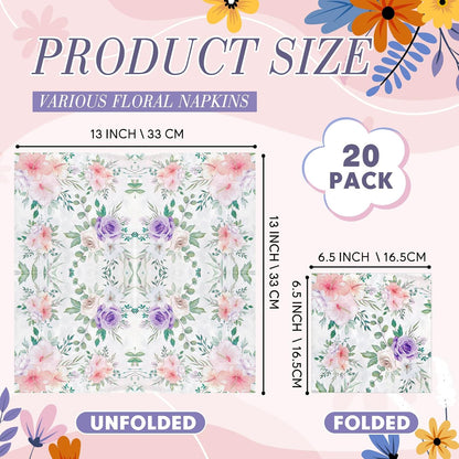 Crtiin 20 Pack Decoupage Napkins Floral Napkins Flower Cocktail Paper Decorative Toilet for Valentine's Day Birthday Party Beautiful Gorgeous, 20 Styles Each 6.5 Inches(Style 1)