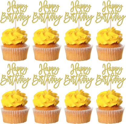 24 PCS Happy Birthday Cupcake Toppers Glitter Picks for Celebrating Anniversary Theme Party Cake Decorations Supplies Gold