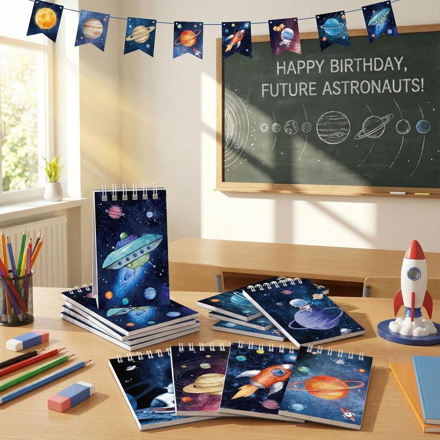 Teling 24 Pieces Outer Space Notepads Galaxy Mini Notebooks Space Birthday Party Favors Astronaut Rocket Planet Mini Spiral Notepads for Solar System Birthday Party Teacher Rewards