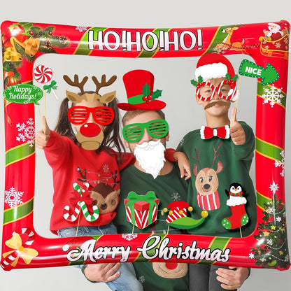 Hawaiian Photo Booth Props & Inflatable Frame, 30Pcs Luau Photobooth Props with Large Inflatable Inflatable Selfie Picture Frame for Summer Tropical Aloha Luau Party Selfie Supplies