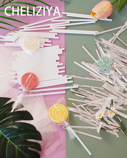4-inch White Lollipop Sticks and Bags Set, 100Pcs Paper Candy Sticks,100Pcs Clear Bags, 100Pcs Twist Ties for Hard Candy, Chocolate, Cookie, Dessert (Gold)