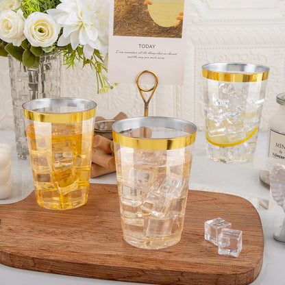 I00000 100 Pack 12 oz Gold Plastic Cups, Gold Rimmed Disposable Cups, Disposable Wine Glasses Cocktail Glasses Premium Cup with Golden Rim, 12 Ounce Plastic Tumblers for Party & Wedding