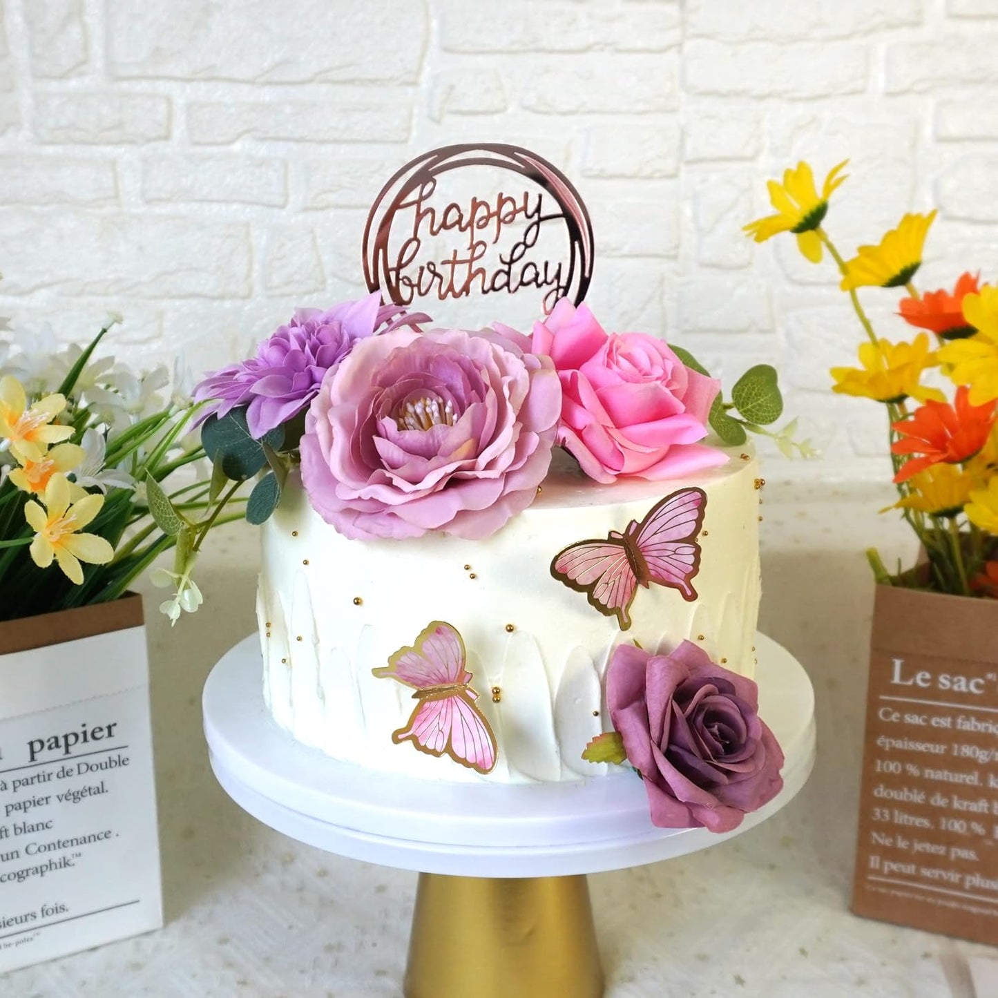 20 PCS Flower Cake Toppers Butterfly Cake Decorations Happy Birthday Cake Toppers with Pink Purple Flowers Eucalyptus Butterflies for Birthday Party Wedding Baby Shower Supplies (Pink Purple)