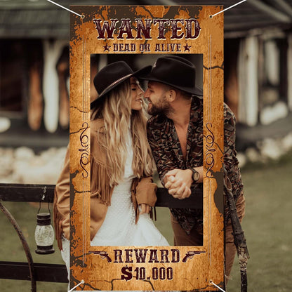 Large Western Wanted Poster Western Cowboy Party Decoration Wanted Photo Booth Frame Wild West Selfie Banner Backdrop for West Cowboy Birthday Party Retro Rustic Decoration Supplies (Brown)