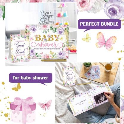Fuyoooo 27 Pcs Safari Animal Baby Shower Guest Book Set Baby Shower Sign in Guest Floral Book Place Table Cards with Gold Pen Adhesive Photo Corner for Birthday Party