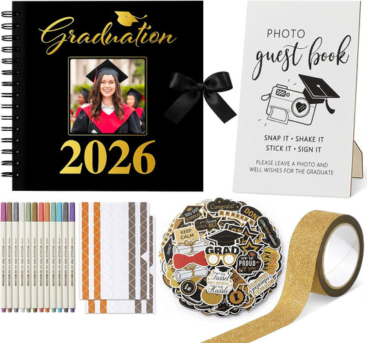 Capoda 2026 Graduation Guest Book to Sign 80 Pages Memory Scrapbook Photo Album with 1 Photo Guest Book Sign, 12 Colors Pens, 50 DIY Stickers, 2 Gold Tapes, 2 Self Adhesive Corners(Grad)
