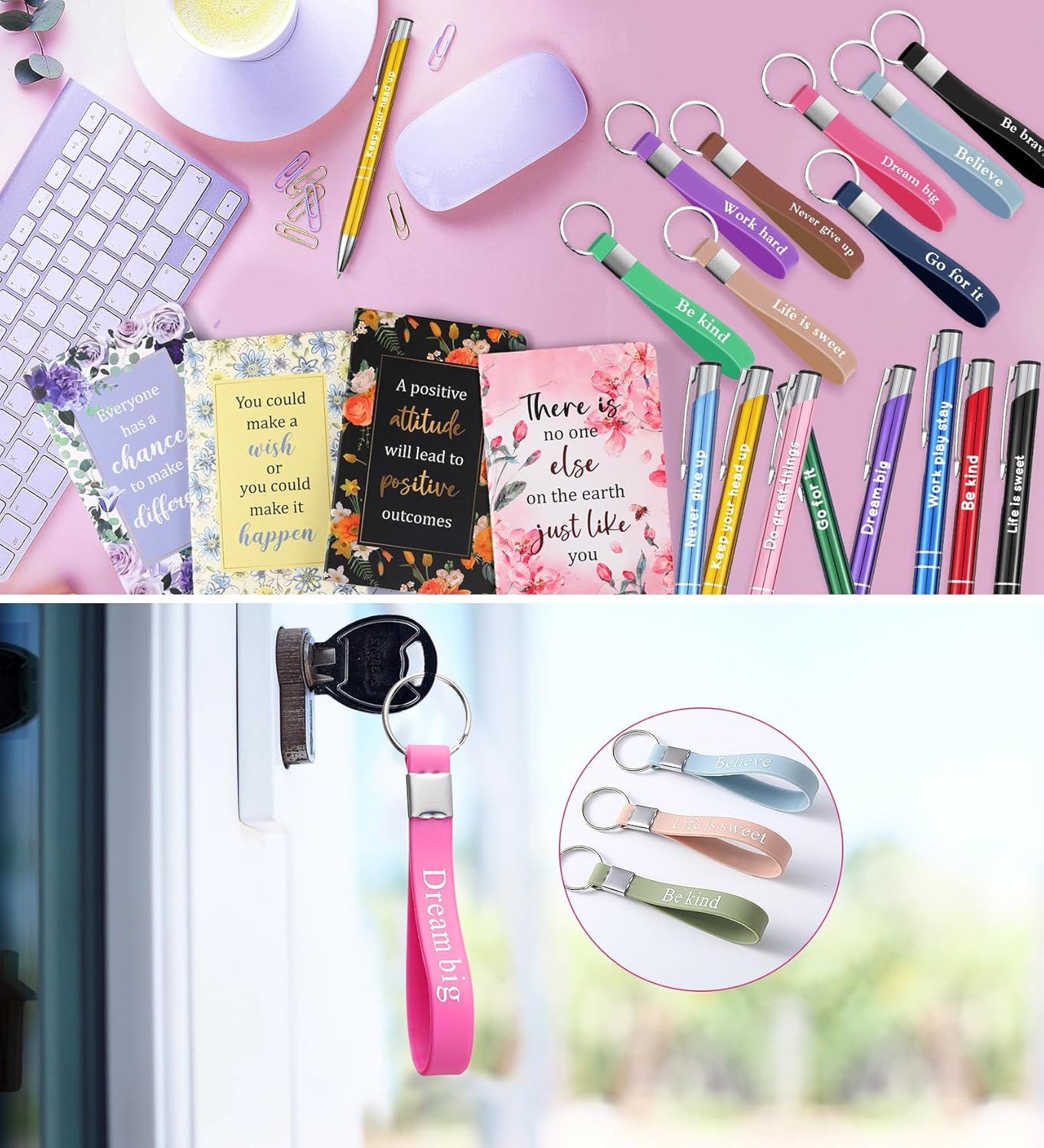 PerKoop 48 Pcs Inspirational Gifts Bulk Motivational Notepads Ballpoint Pens Keychains Set Modern Farmhouse Journal Notebooks Christian Gifts for Teachers School Office Party Favor Supplies