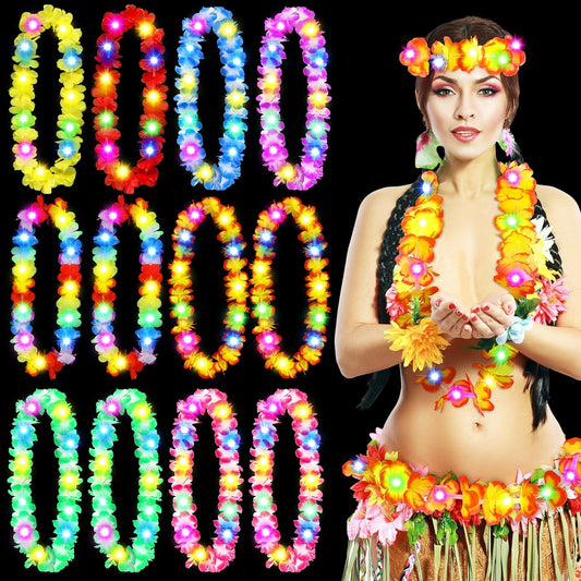 Giegxin 12 Pcs LED Hawaiian Lei Light up Flower Lei Tropical Glow Necklaces Lighted Lei Artificial Rainbow Lei for Kid Adult Hawaii Luau Themed Party Carnival Beach Wedding Masquerade (Multicolor)