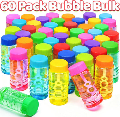 Bulk Neon Bubble Solution Bottles - Lid-Attached Wands, Party Favor Set in Display Box, 60 Pcs | Birthday Decor, Goody Bag Stuffers Supplies, Pinata Fillers, Carnival & Summer Outdoor Toy Gift for Kid