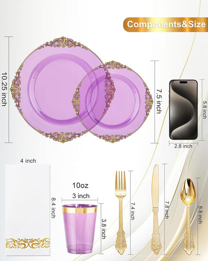 Nervure 350PCS Gold Plastic Plates - Gold Plastic Dinnerware Sets for 50 Guests - 100 Disposable Plates, 150 Silverware, 50 Cups, 50 Napkins for Wedding & Party & Mothers Day