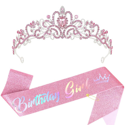 CIEHER Birthday Girl Crown and Sash - Rose Gold Tiara Birthday Decorations for Women and Girls