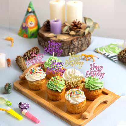 24 PCS Happy Birthday Cupcake Toppers Glitter Picks for Celebrating Anniversary Theme Party Cake Decorations Supplies Gold