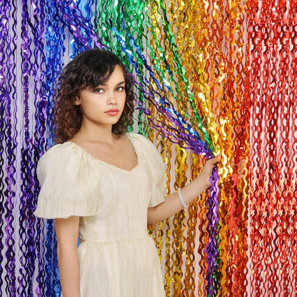 3 Pack Colorful Foil Fringe Curtain Backdrop - 6.6 x 3.3 ft Wavy Rainbow Tinsel Backdrop Curtain Metallic Streamers Iridescent Holiday Photo Booth Party Decorations