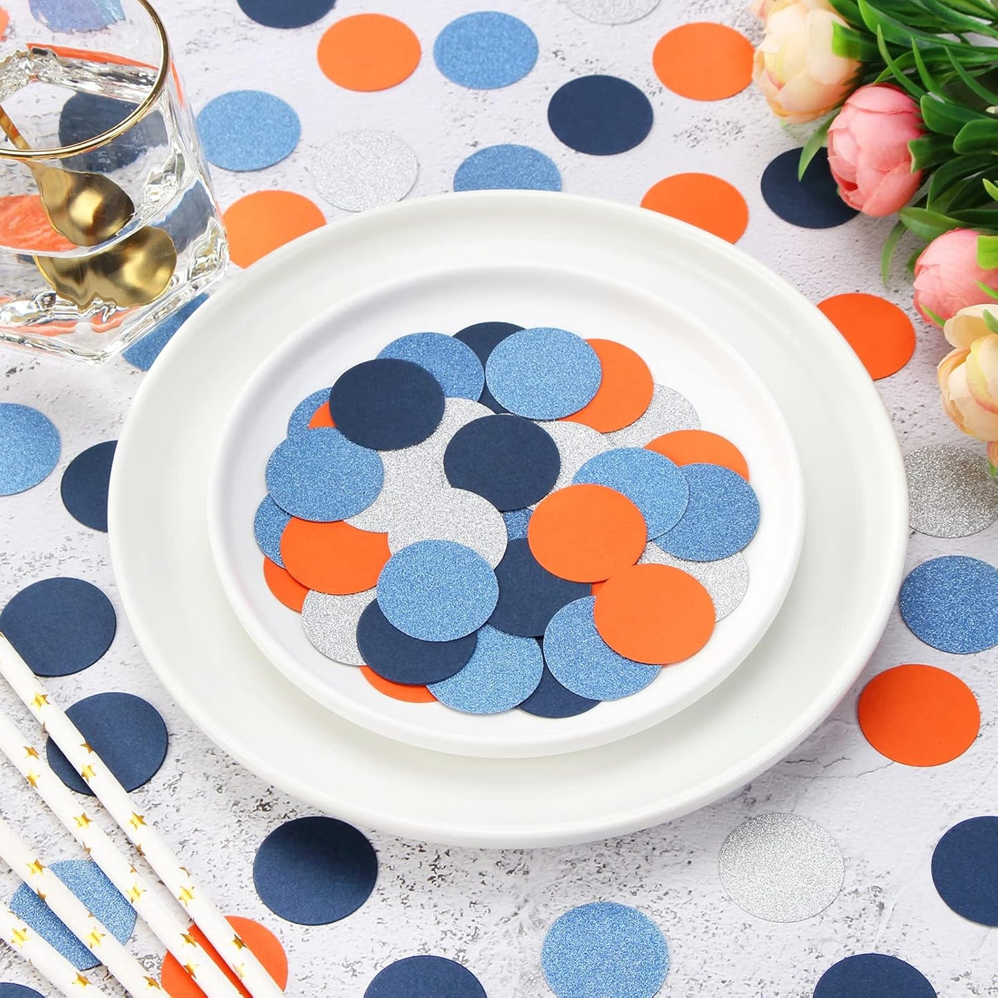 Navy Blue White Gold Confetti Birthday Decorations for Boys Glitter Paper decor Sprinkles Biodegradable Table Confetti Round for Graduation Wedding Baby Shower Party Lasting Surprise 300pcs