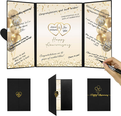 DARUNAXY Black Gold Happy Anniversary Party Decorations, Happy Anniversary Alternative Signature Guest Book Wedding 1st 10th 40th 50th Anniversary Signing Card Board Party Supplies