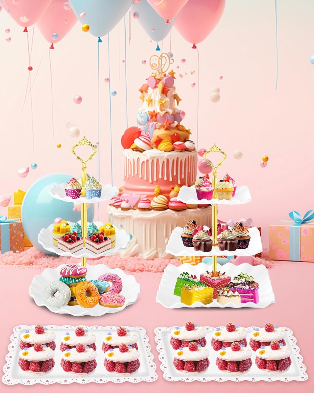 Hoedia 10 Pcs Cake Stand, Plastic Dessert Table Display Set, 4 Pcs 3 Tier Cupcake Stand Tower Holder and 6 Pcs Serving Tray for Tea Party Baby Shower Decorations
