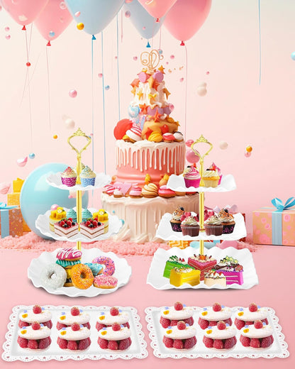 Hoedia 10 Pcs Cake Stand, Plastic Dessert Table Display Set, 4 Pcs 3 Tier Cupcake Stand Tower Holder and 6 Pcs Serving Tray for Tea Party Baby Shower Decorations