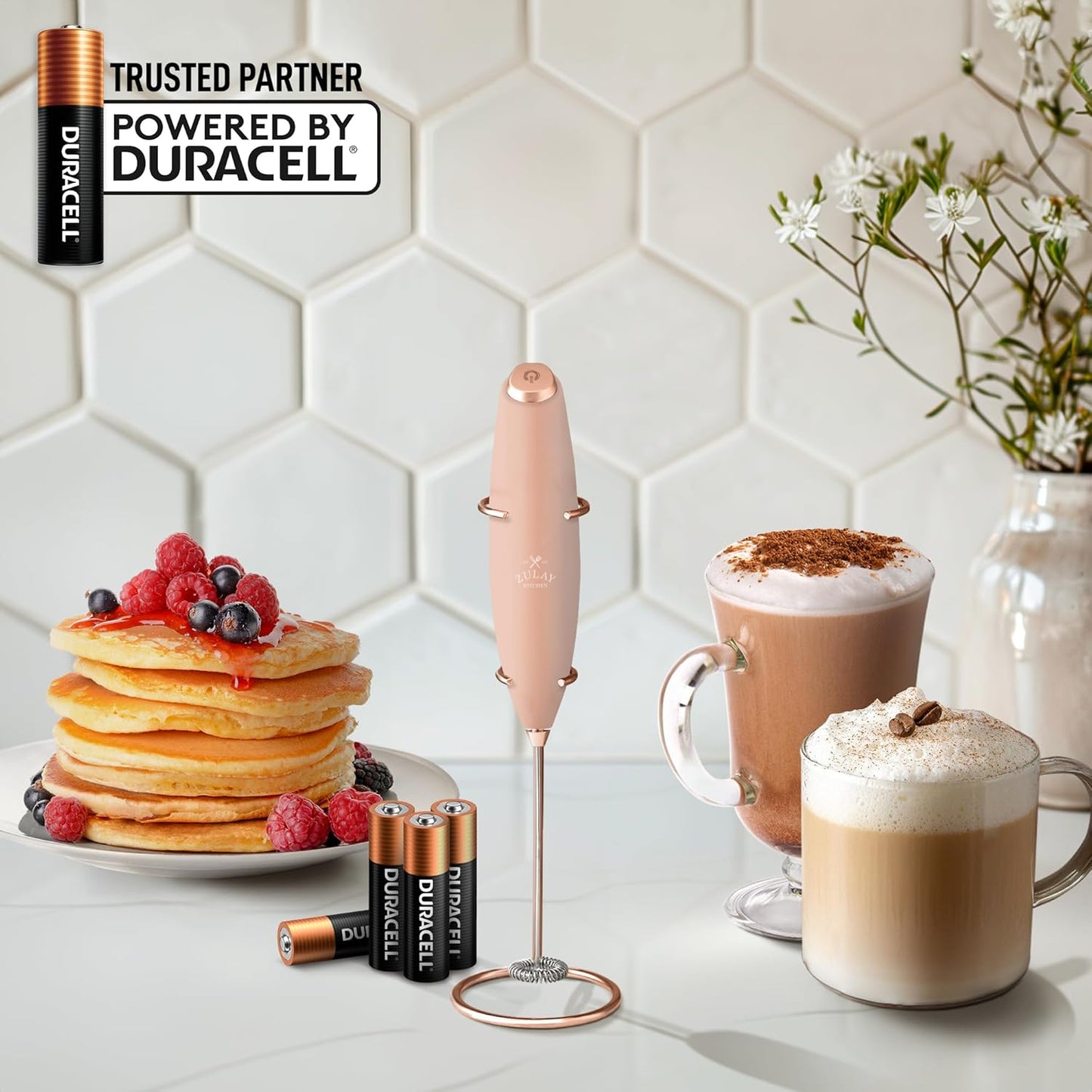 Zulay Kitchen Powerful Milk Frother Wand With Duracell Batteries - Ultra Fast Handheld Drink Mixer - Electric Whisk Foam Maker for Coffee, Lattes, Cappuccino & Matcha - Z1 Motor - Black - Colors C