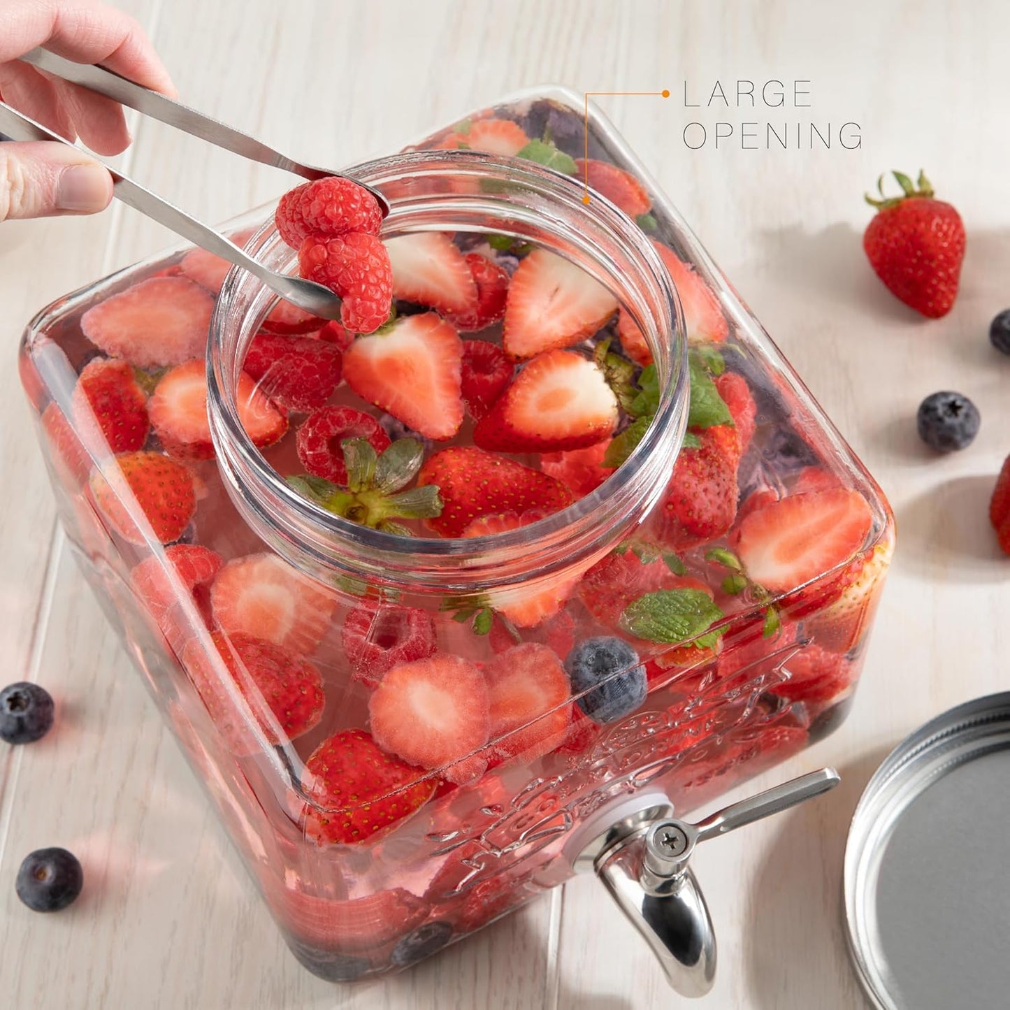 Glass Drink Dispenser for Fridge - Stainless Steel Spigot Mason Jar Dispenser with Wide Opening & Easy-Fill - Beverage Storage for Outdoor, Water, Iced Tea, Juice, Sangria & Detergent, 1 GALLON
