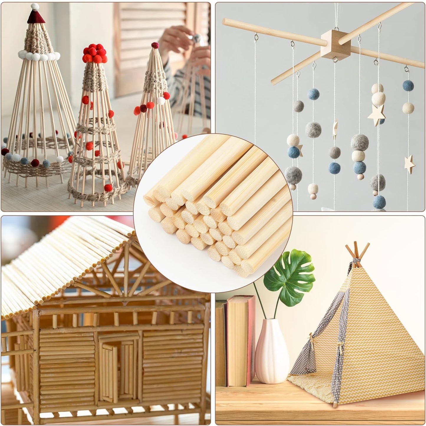 50Pcs Wooden Dowel Rods 1/4 x 12 Inch Wood Sticks for Crafts, Precut Wooden Rod Sticks Natural Wood Dowels for Craft and DIY Projects, Cake Dowels Hardwood Craft Dowel Rods