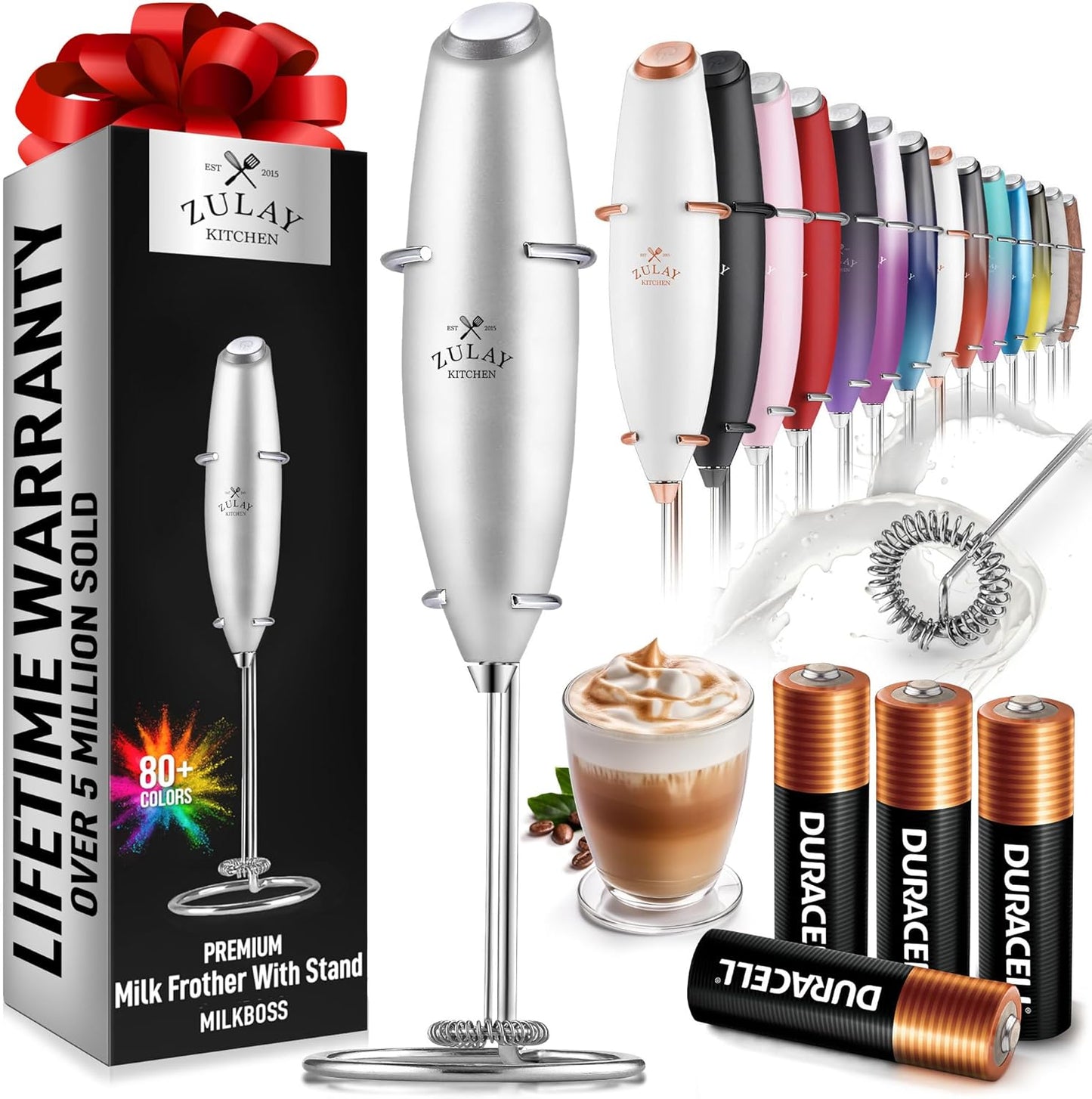Zulay Kitchen Powerful Milk Frother Wand With Duracell Batteries - Ultra Fast Handheld Drink Mixer - Electric Whisk Foam Maker for Coffee, Lattes, Cappuccino & Matcha - Z1 Motor - Black - Colors D