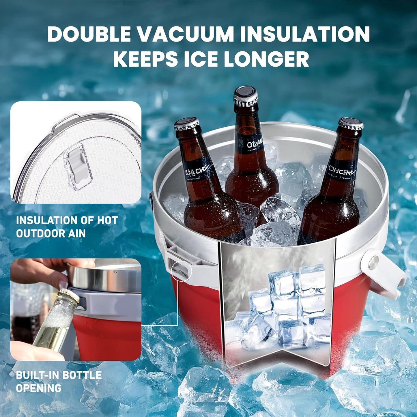COKTIK 7L Insulated Ice Bucket with Lid，Double Wall Vacuum Stainless Steel Beverage Bucket Keeps Frozen Longer，Holds 6 Longnecks or 3 Bottles of Wine，for Cocktail, Champagne, Large Parties(Blue)