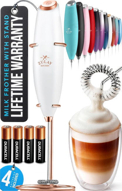 Zulay Kitchen Powerful Milk Frother Wand With Duracell Batteries - Ultra Fast Handheld Drink Mixer - Electric Whisk Foam Maker for Coffee, Lattes, Cappuccino & Matcha - Z1 Motor - Black - Colors B