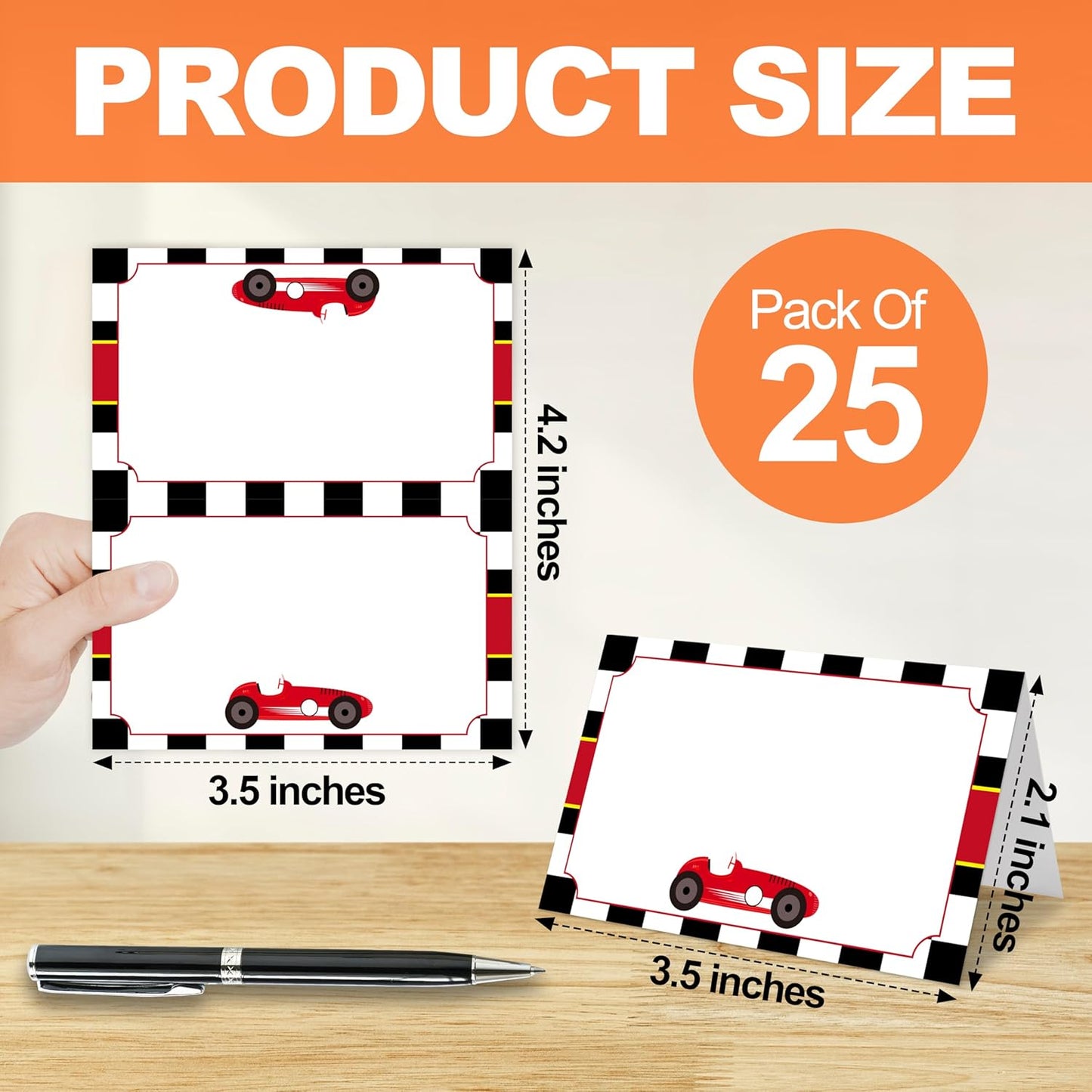 Table Place Cards, Race Car Place Cards for Table Setting, Racing Car Themed Tent Style Food Name Labels, Receptions Parties Events Celebrations Fill-in Place Cards, 25 Pack -09