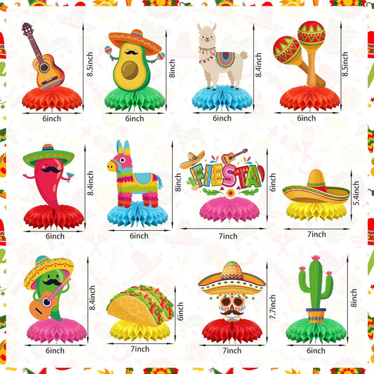 12 PCS Mexican Themed Honeycomb Centerpieces 8" Mexican Fiesta Party Table Centerpiece Cinco De Mayo Party Table Decorations for Taco Birthday Day of the Dead Decoration