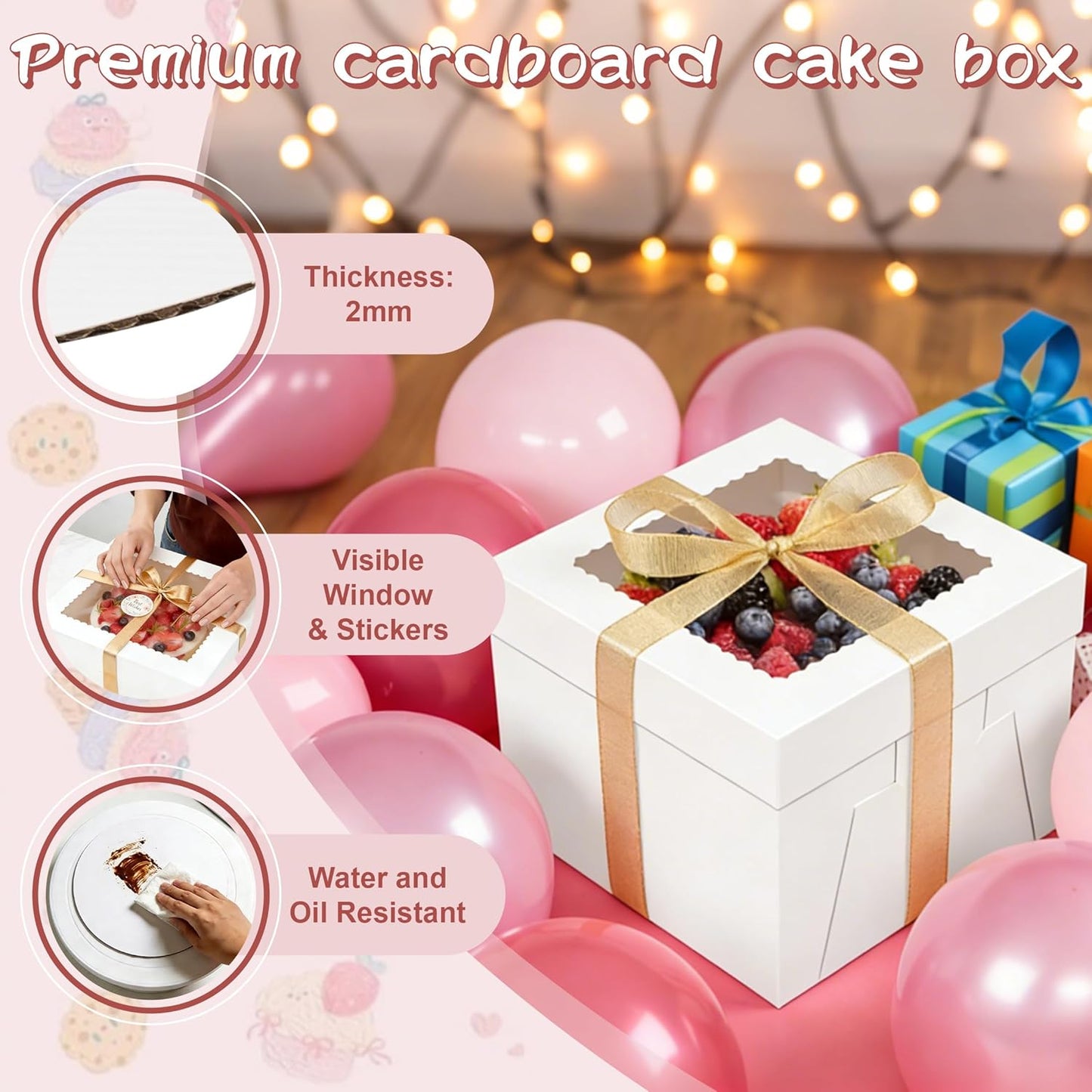 Unokit Packpal 20-Pack Cake Boxes 12 Inch - Cake Containers with Cake Boards, Disposable Cake Carrier with Window, Easy Assemble Cake Packaging Boxes for Birthday, Wedding Party & Bakery