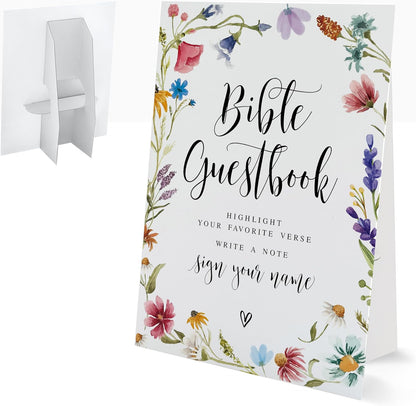 Bible Guest Book Sign, Wedding Signs for Ceremony and Reception, Floral Bridal Shower Decoration, Wedding Signage with Bracket, Bridal Shower Decor, Supplies For Engagement and Anniversary Parties, 13