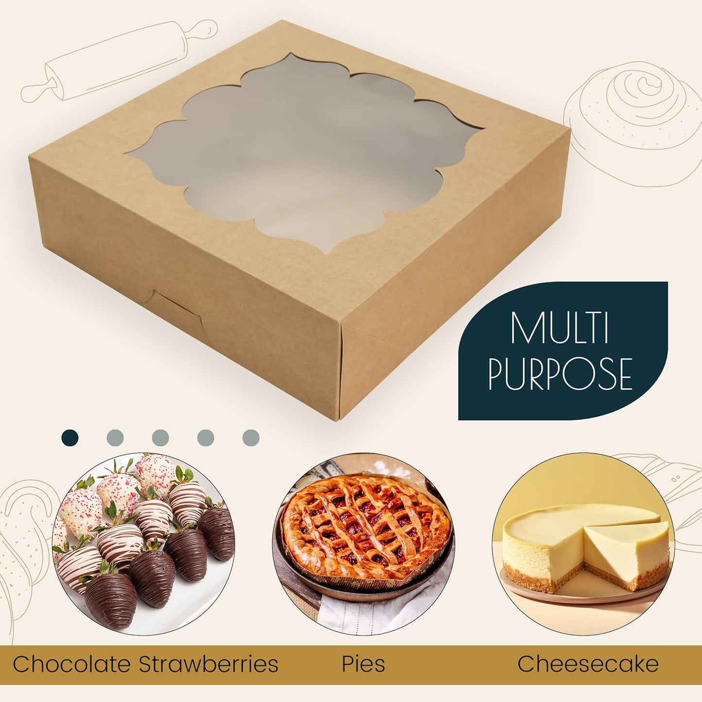 NPLUX 30 Pack Pie Boxes with Window 10x10x3 in Bakery Boxes Perfect for Pies, Cheesecake, Cookies, Muffins and Chocolate Covered Strawberries (White)