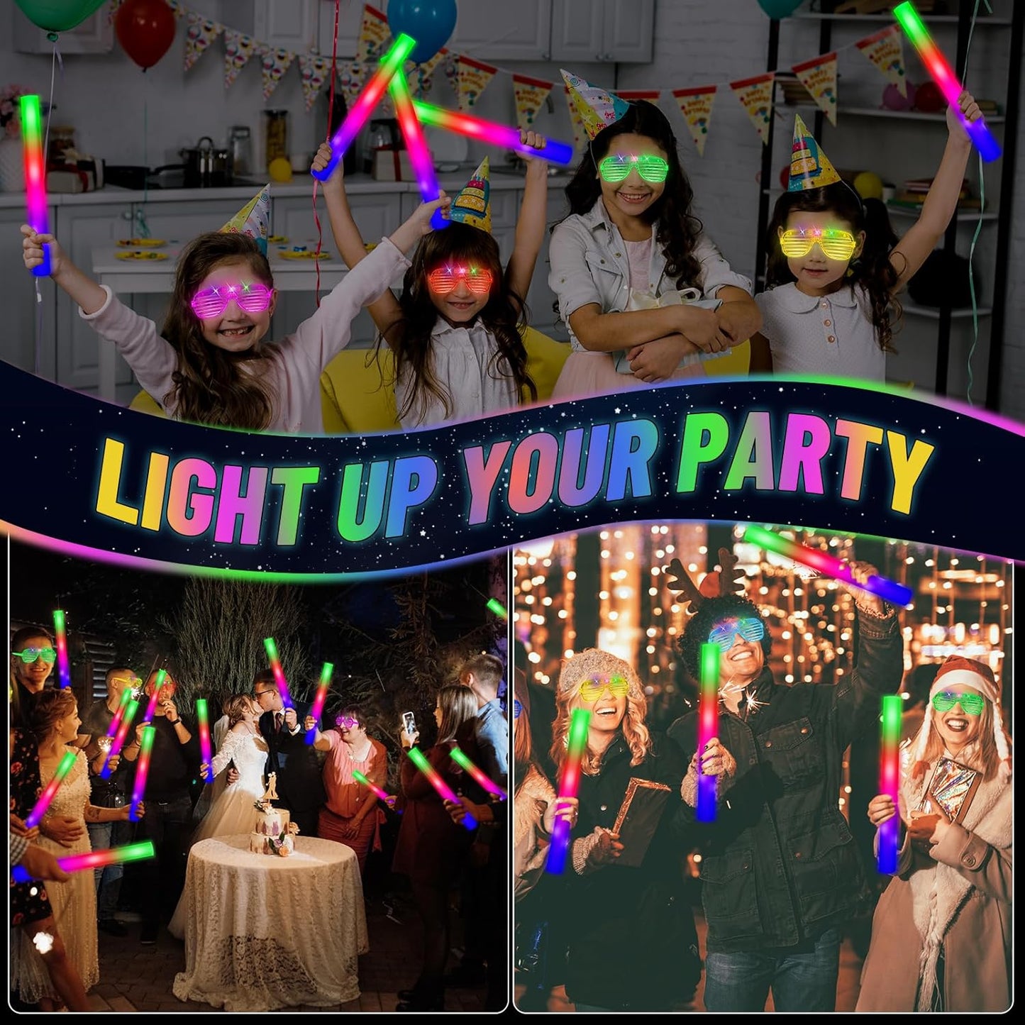 Oleitodh Glow in the Dark Party Supplies Set Bulk Neon Party Favor Toys Includes 30 Led Light up Glasses 10 Color 30 Light up Foam Sticks Bulk for Disco Wedding Birthday Concert Halloween Raves Party