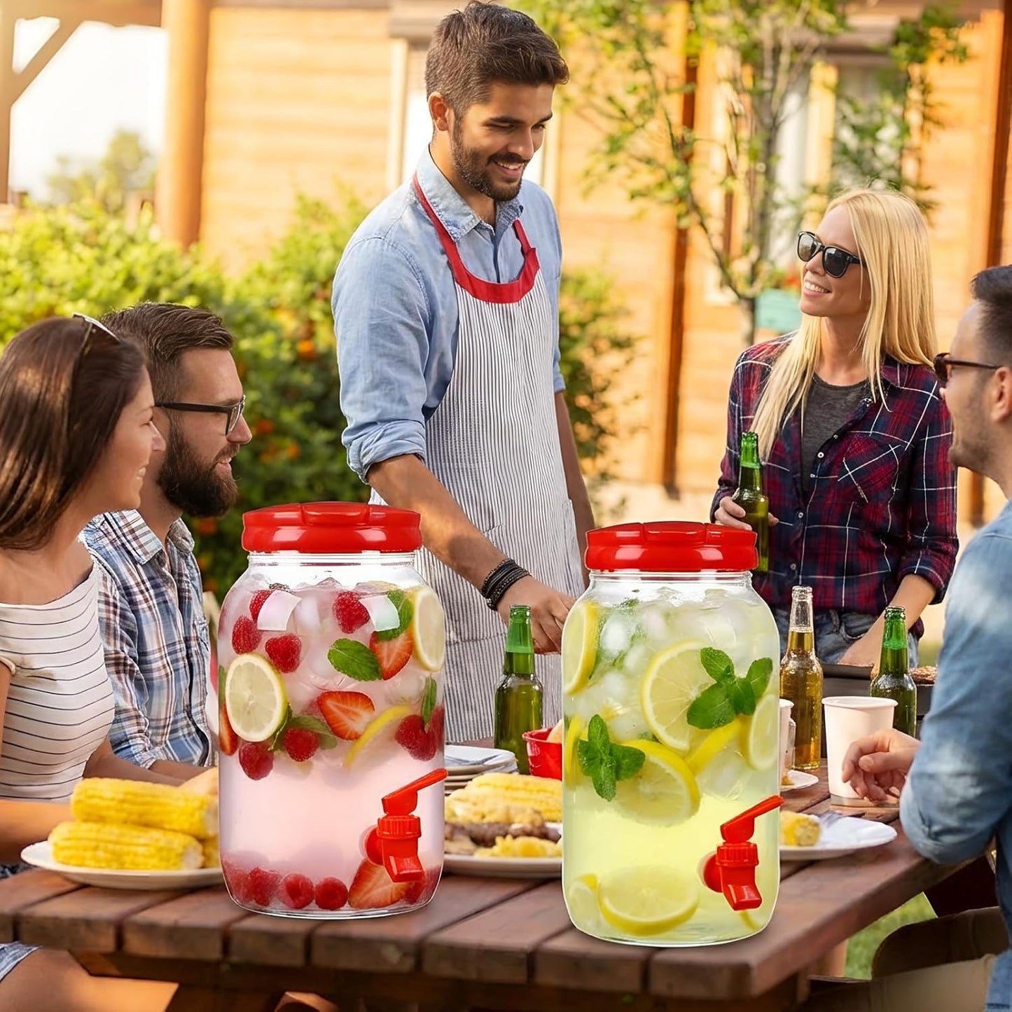 Havawish 2 Pcs 1 Gallon Plastic Beverage Dispenser with Spigot Clear Summer Kitchen Fridge Drink Dispenser for Parties Lemonade Juice Tea Beer Cold Water (Red,Cylinder)