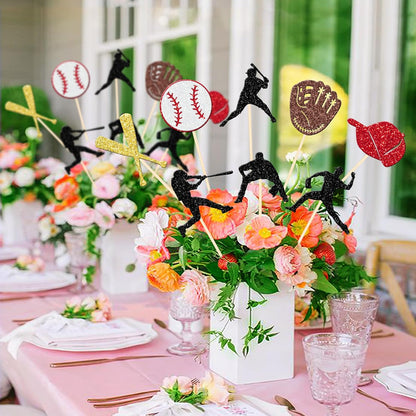 16 PCS Baseball Centerpiece Sticks Double Sided Baseball Players Sports Theme Table Flower Centerpieces Sticks for Baseball Theme Baby Shower Kids Birthday Party Centerpiece Decorations Supplies