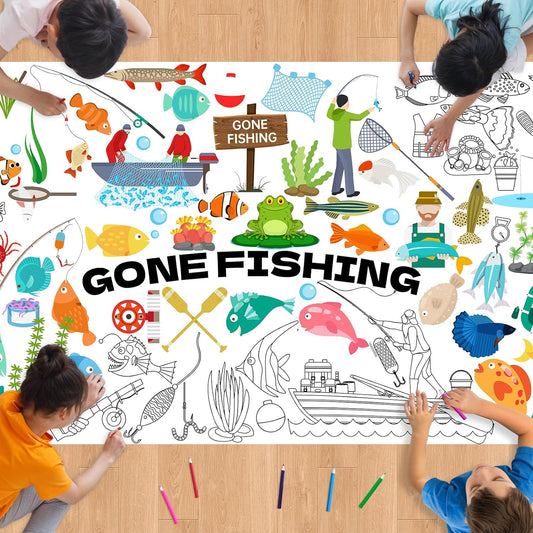 Giant Coloring Poster for Kids 70.7 x 29.5 Inch Large Gone Fishing Coloring Tablecloth Jumbo Paper Fishing Themed Color-in Activities Games for School Classroom Home Party Supplies