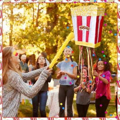 Popcorn Pinata Large Circus Piñata with Stick Hanging Loop Blindfold Star Confetti for Birthday Carnival Circus Party Video Movie Night Holiday Celebration Baby Shower Supplies 15 × 11.8 × 5.9 Inches