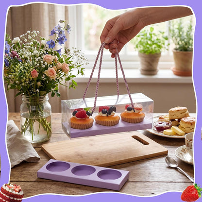 Thenshop 20 Pcs 9 x 3 x 3 Inch Clear Cupcake Boxes with Handle and Inserts 3 Count Portable Pastry Packaging for Cupcakes Carrier Muffin Bakery Containers Mothers Day Wedding Party(Brown)