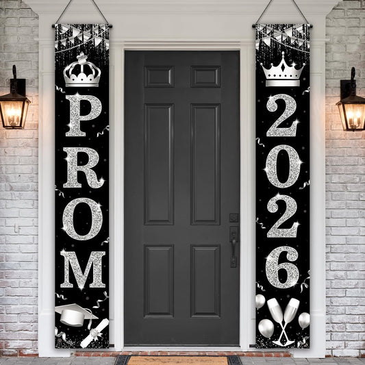 Prom Decorations 2026, Black and Gold Door Banner, Front Porch Welcome Sign 2026 for Send Off Decor, Outdoor Sign for High School College Graduation Party Decor