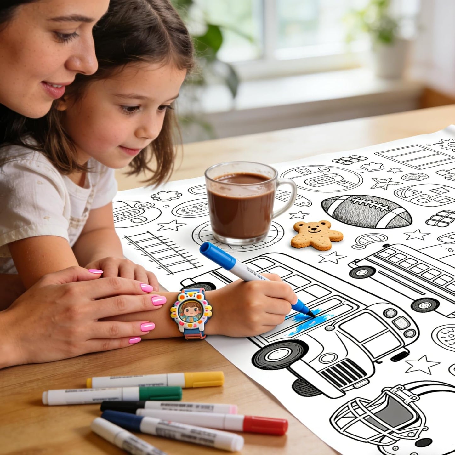 Kids Coloring Tablecloth, Easter Bunny Egg Chick Theme Paper Coloring Poster, 31 x 72 Inch Spring Holiday Coloring Activity Party Table Cover