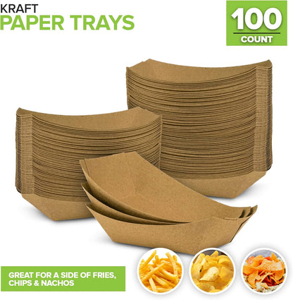 [250 Pack] Medium Disposable Brown Kraft Paper Food Trays, 1-Lb Concession Tray, Serving Boats for Party Snacks, Taco Bar, Seafood, Nachos Plates