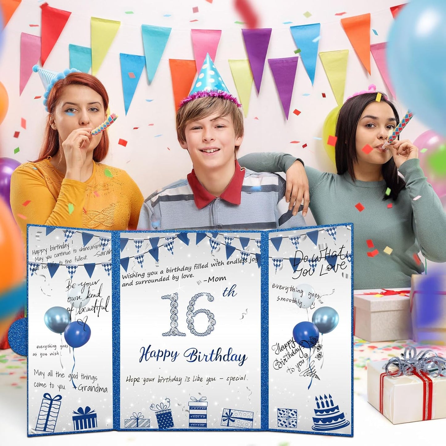 Blue and Silver 16th Birthday Party Decoration Guest Book 16th Happy Birthday Guest Sign in Book Perfect Signature Cardboard Party Supplies Great Birthday Gift for Boys