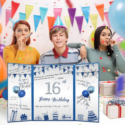 Blue and Silver 16th Birthday Party Decoration Guest Book 16th Happy Birthday Guest Sign in Book Perfect Signature Cardboard Party Supplies Great Birthday Gift for Boys