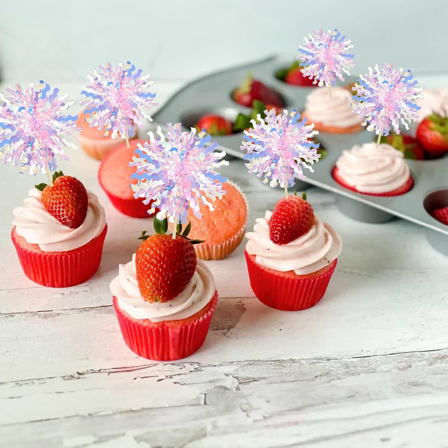 Ephlyn 30Pcs Foil Firework Cupcake Toppers Sparkle Tinsel Cupcake Picks Drink Stirrers Cocktail Food Fruit Toothpicks for Baby Shower Graduation Party Supplies White