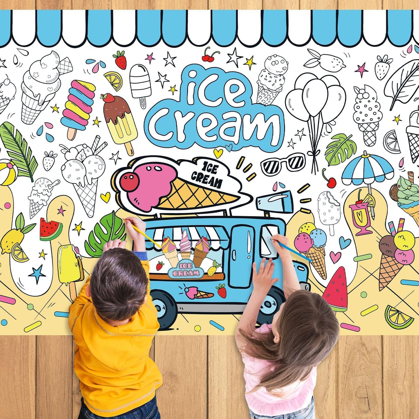 43.3x31.5 Summer Coloring Poster with Picture, Giant Cute Painting Poster, Large Coloring Tablecloth for Classroom Home Birthday Party Supplies Favor