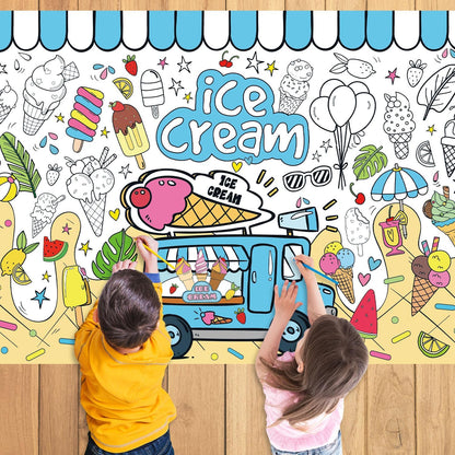 43.3x31.5 Summer Coloring Poster with Picture, Giant Cute Painting Poster, Large Coloring Tablecloth for Classroom Home Birthday Party Supplies Favor